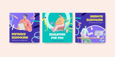 Suluboya illüstrasyonunu pazarlamak için çevrimiçi öğrenme konsepti tasarımı ile reklam şablonu