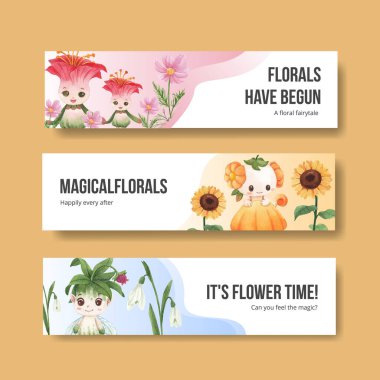 Çiçeksel karakter konsept tasarımı suluboya çizimi ile pankart şablonu