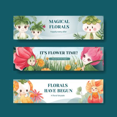 Çiçeksel karakter konsept tasarımı suluboya çizimi ile pankart şablonu