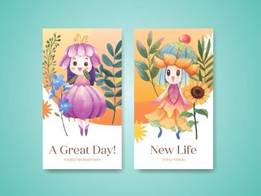 Çiçeksel karakter konsept tasarımı suluboya çizimi ile Instagram şablonu