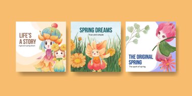 Çiçeksel karakter konsept tasarımı suluboya çizimi ile reklam şablonu