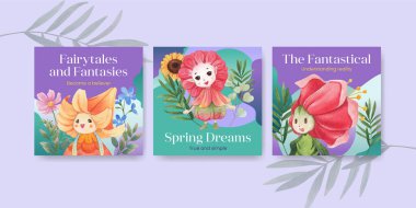 Çiçeksel karakter konsept tasarımı suluboya çizimi ile reklam şablonu