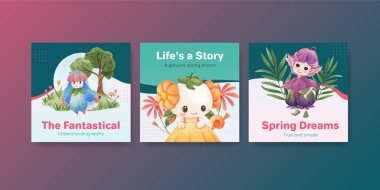 Çiçeksel karakter konsept tasarımı suluboya çizimi ile reklam şablonu