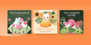 Çiçeksel karakter konsept tasarımı suluboya çizimi ile reklam şablonu