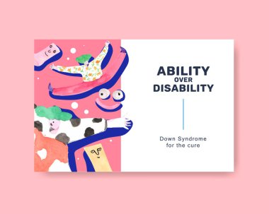 Sosyal medya ve topluluk suluboya çizimi için dünya aşağı sendromlu günlük konsept tasarımı ile Facebook şablonu