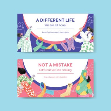 Twitter, sosyal medya ve topluluk suluboya çizimi için dünya aşağı sendromlu gün konsepti tasarımı şablonu