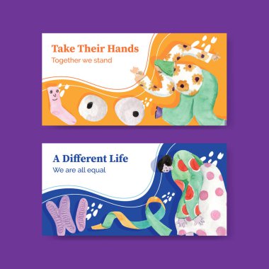 Twitter, sosyal medya ve topluluk suluboya çizimi için dünya aşağı sendromlu gün konsepti tasarımı şablonu