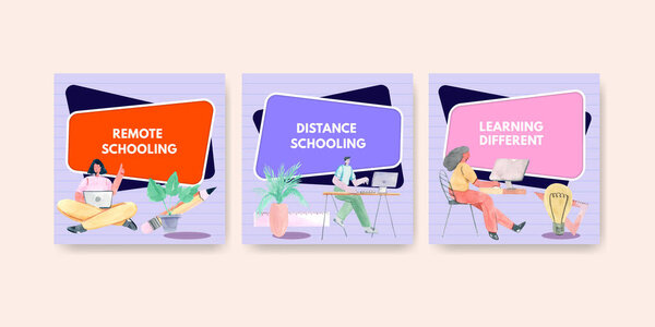 Реклама шаблона с концепцией онлайн обучения для маркетинга акварели иллюстрации