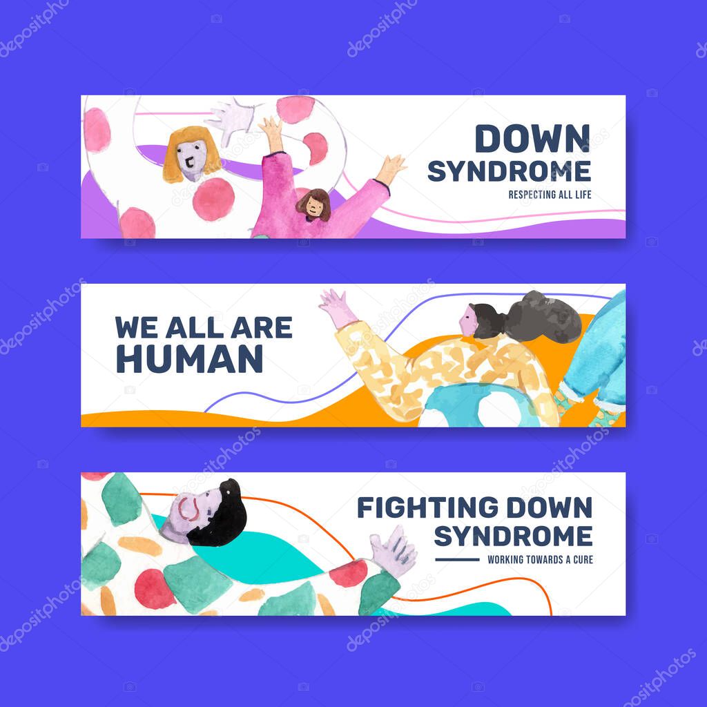 Banner template with world down syndrome day concept design for advertise and marketing watercolor illustratio