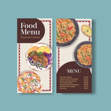 Meksika yemeği konsepti olan bir menü şablonu suluboya çizimi çizimi