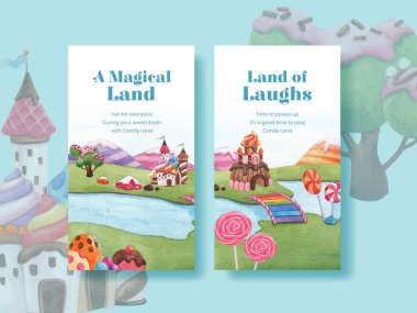 Şeker diyarı konsepti tasarımı suluboya çizimi ile Instagram şablonu