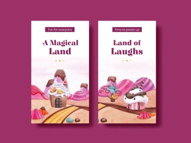 Şeker diyarı konsepti tasarımı suluboya çizimi ile Instagram şablonu