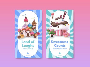 Şeker diyarı konsepti tasarımı suluboya çizimi ile Instagram şablonu