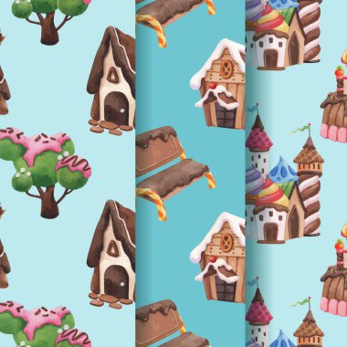 Şekerleme arazisi konsept tasarımı suluboya çizimi ile kusursuz desen