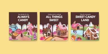 Şekerleme arazisi konsept tasarımı suluboya çizimi ile reklam şablonu