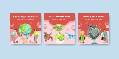 Suluboya illüstrasyonunun pazarlanması için Dünya Günü konsept tasarımı ile reklam şablonu