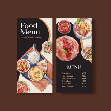 Restoran ve bistro suluboya resim için Hint yemeği konsepti tasarımı içeren küçük bir menü şablonu