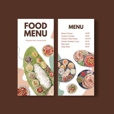 Restoran ve bistro suluboya resim için Hint yemeği konsepti tasarımı içeren küçük bir menü şablonu