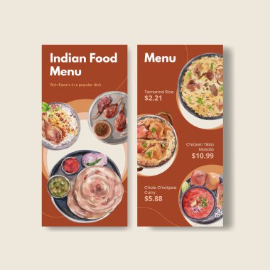 Restoran ve bistro suluboya resim için Hint yemeği konsepti tasarımı içeren küçük bir menü şablonu