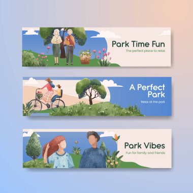 Sulu boya illüstrasyonunu tanıtmak için park ve aile konsepti tasarımı ile pankart şablonu