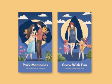 Sosyal medya suluboya çizimi için park ve aile konsepti tasarımı ile Instagram şablonu