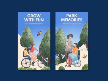 Sosyal medya suluboya çizimi için park ve aile konsepti tasarımı ile Instagram şablonu