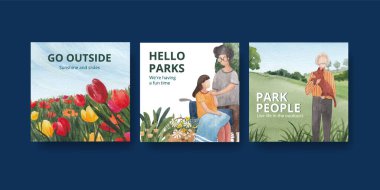 park ve aile konsepti tasarımı suluboya çizimi ile reklam şablonu