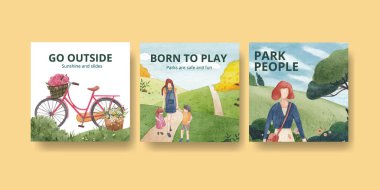 park ve aile konsepti tasarımı suluboya çizimi ile reklam şablonu