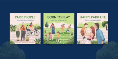 park ve aile konsepti tasarımı suluboya çizimi ile reklam şablonu
