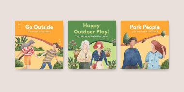 park ve aile konsepti tasarımı suluboya çizimi ile reklam şablonu