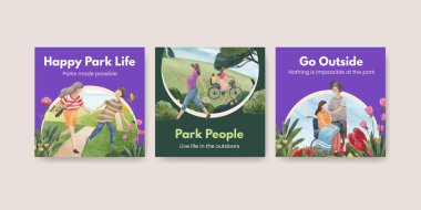 park ve aile konsepti tasarımı suluboya çizimi ile reklam şablonu