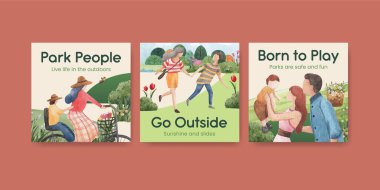 park ve aile konsepti tasarımı suluboya çizimi ile reklam şablonu