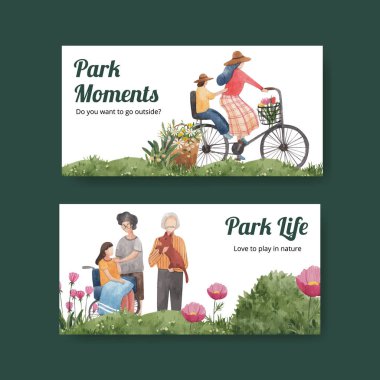 Sosyal medya suluboya çizimi için park ve aile kavramı tasarımı ile Twitter şablonu