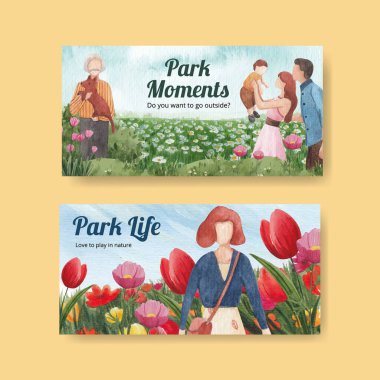 Sosyal medya suluboya çizimi için park ve aile kavramı tasarımı ile Twitter şablonu