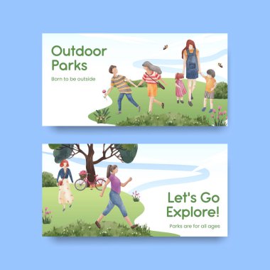 Sosyal medya suluboya çizimi için park ve aile kavramı tasarımı ile Twitter şablonu