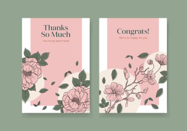 Bahar çizgisi sanat konsepti tasarımlı çiçek kart şablonu suluboya çizimi