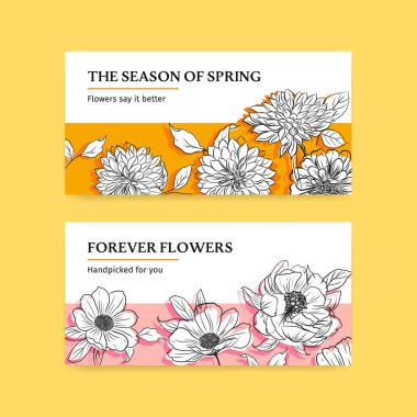 Bahar çizgisi sanat konsepti tasarımlı Twitter şablonu suluboya çizimi