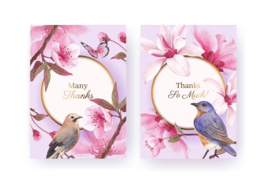 Çiçek açan kuş konsepti tasarımı suluboya resimli kart şablonu