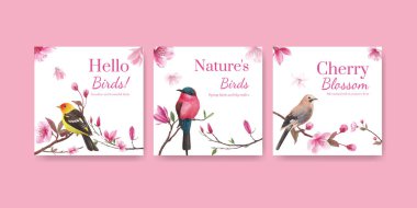 Çiçek açan kuş konsepti tasarımı suluboya illüstrasyonuyla reklam şablonu