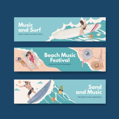 Sulu boya illüstrasyonunu tanıtmak için plaj tatil konsepti tasarımı içeren pankart şablonu