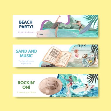 Sulu boya illüstrasyonunu tanıtmak için plaj tatil konsepti tasarımı içeren pankart şablonu