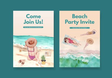 Plaj tatil konsepti tasarımlı bir kart şablonu suluboya çizimi