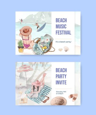 Plaj tatil konsepti tasarımlı bir kart şablonu suluboya çizimi