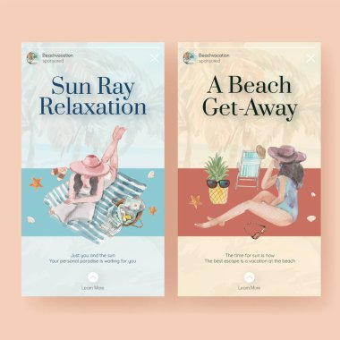 Sosyal medya suluboya çizimi için plaj tatili konsepti tasarımı ile Instagram şablonu