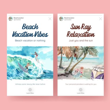 Sosyal medya suluboya çizimi için plaj tatili konsepti tasarımı ile Instagram şablonu
