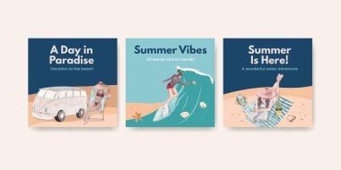 Suluboya illüstrasyonunu pazarlamak için plaj tatil konsepti tasarımı ile reklam şablonu