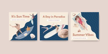 Suluboya illüstrasyonunu pazarlamak için plaj tatil konsepti tasarımı ile reklam şablonu