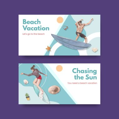 Sosyal medya suluboya çizimi için plaj tatil konsepti tasarımı içeren Twitter şablonu