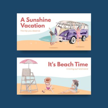 Sosyal medya suluboya çizimi için plaj tatil konsepti tasarımı içeren Twitter şablonu