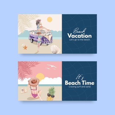 Sosyal medya suluboya çizimi için plaj tatil konsepti tasarımı içeren Twitter şablonu